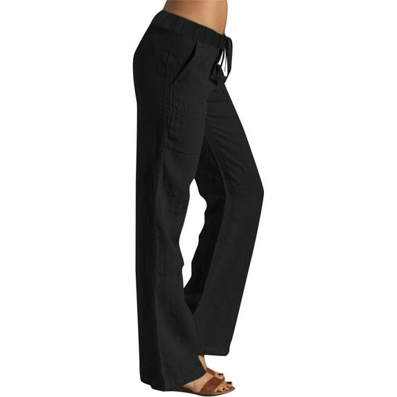 BODOAO Women's Linen Pants Summer Casual Cotton Wide Leg Palazzo Boho High Waisted Elastic Drawstring Lounge Trousers Linen Pants Straight Leg Comfy Solid Long Trousers with Pockets Black L