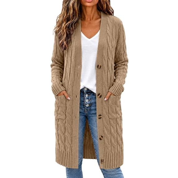 BODOAO Women's Long Cable Knit Cardigan Button Front Open Neck Long Sleeve Chunky Sweater Coat with Pockets Relaxed Fit Warm Casual Fall Winter Layering Outerwear Khaki 2XL