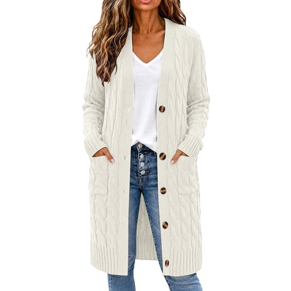 BODOAO Women's Long Cable Knit Cardigan Button Front Open Neck Long Sleeve Chunky Sweater Coat with Pockets Relaxed Fit Warm Casual Fall Winter Layering Outerwear White 3XL