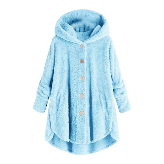 BODOAO Women's Long Fleece Sherpa Hoodie Winter Warm Fuzzy Jacket Coats Outerwear with Pocket Button Down Plus Size Bed Jackets Winter Plush Fuzzy Cardigan Fleece Coat Cozy Jacket Light Blue 5Xl