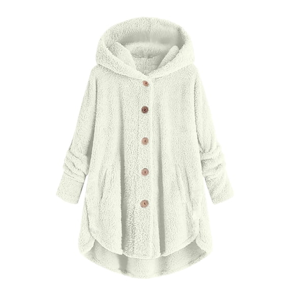 BODOAO Women's Long Fleece Sherpa Hoodie Winter Warm Fuzzy Jacket Coats Outerwear with Pocket Button Down Plus Size Bed Jackets Winter Plush Fuzzy Cardigan Fleece Coat Cozy Jacket Beige L