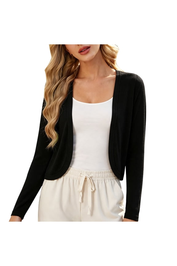 Women's Long Sleeve Cropped Cardigan Open Front Bolero Shrug Lightweight Knit Cover Up, Soft Fitted Layering Sweater for Dresses Office Casual Wear Black L