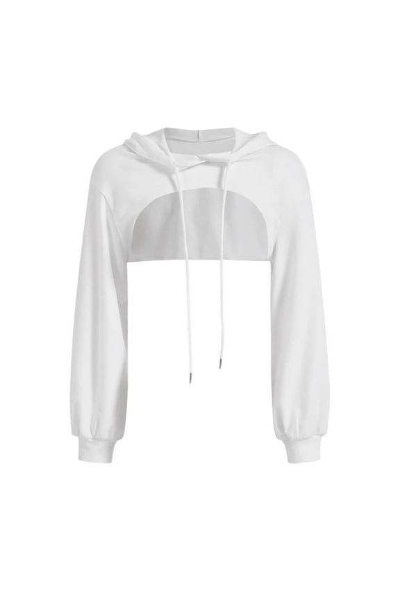 Women's Long Sleeve Cropped Hoodie Workout Drawstring Super Crop Tops (Without Camisole) Workout Gym Drawstring Top Crop Pullover Sweatshirts Round Collar Cut Outs Shirts with Hood White Xl
