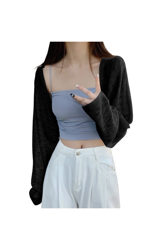 Women's Long Sleeve Open Front Crop Cardigan Drop Shoulder Bolero Shrug Lightweight Sweater Women's Lightweight Knit V Neck Cardigan Sweater (Large Sizes Available) Black One Size