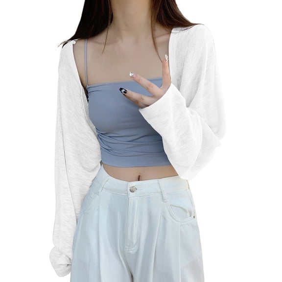 BODOAO Women's Long Sleeve Open Front Crop Cardigan Drop Shoulder Bolero Shrug Lightweight Sweater Women's Lightweight Knit V Neck Cardigan Sweater (Large Sizes Available) White One Size