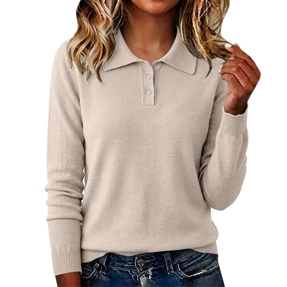 BODOAO Women's Long Sleeve Polo Sweater Collared Knit Pullover with Button Placket Ribbed Cuffs Casual Loose Fit Lightweight Sweater Top for Fall Winter Work Office Beige L