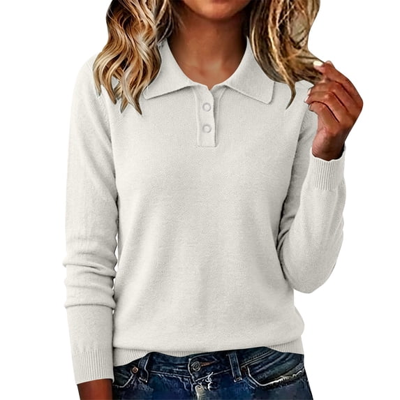 BODOAO Women's Long Sleeve Polo Sweater Collared Knit Pullover with Button Placket Ribbed Cuffs Casual Loose Fit Lightweight Sweater Top for Fall Winter Work Office White 3XL