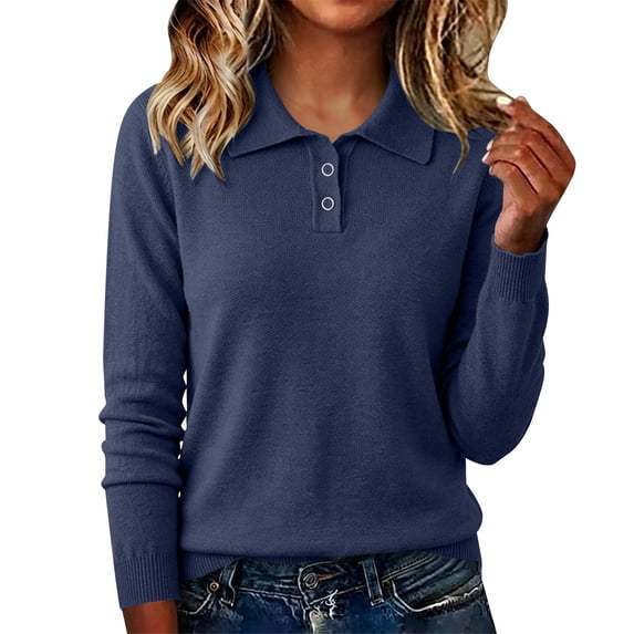 BODOAO Women's Long Sleeve Polo Sweater Collared Knit Pullover with Button Placket Ribbed Cuffs Casual Loose Fit Lightweight Sweater Top for Fall Winter Work Office Navy M