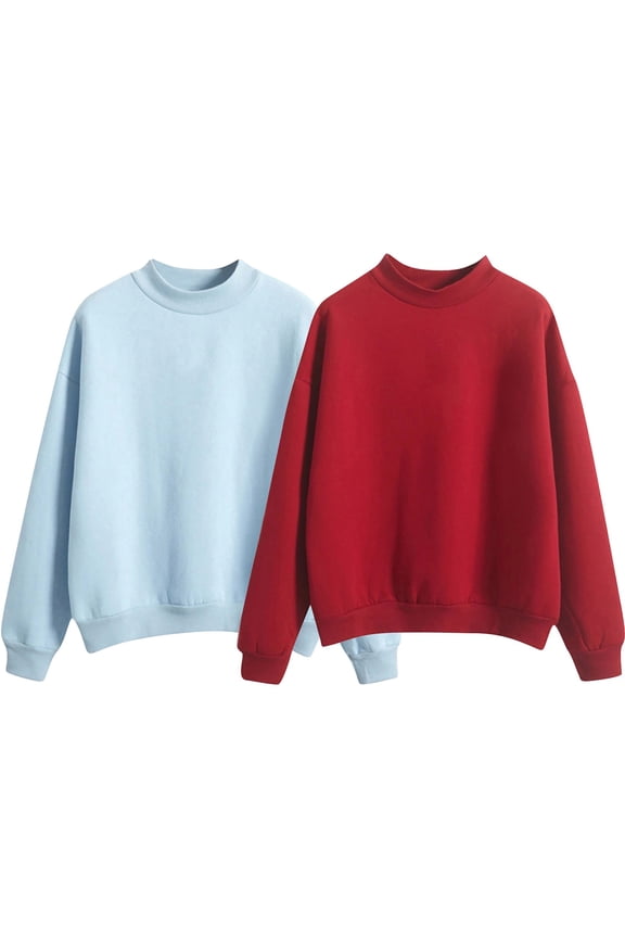 Women's Long Sleeve Sweatshirt Tops Mock Turtleneck Lightweight Tunic Fall Pullover Solid Color Fleece Lined Hoodie Loose Thick Baseball Jacket High Collar Autumn Winter Red+Light Blue L