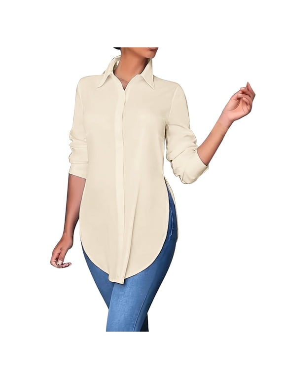 Women's Long Tunic Shirt Collared V Split Neck Long Sleeve Button Blouse with Curved Hem & Side Slits Relaxed Fit Casual Top for Leggings Daily Wear Office Weekend Beige 2XL