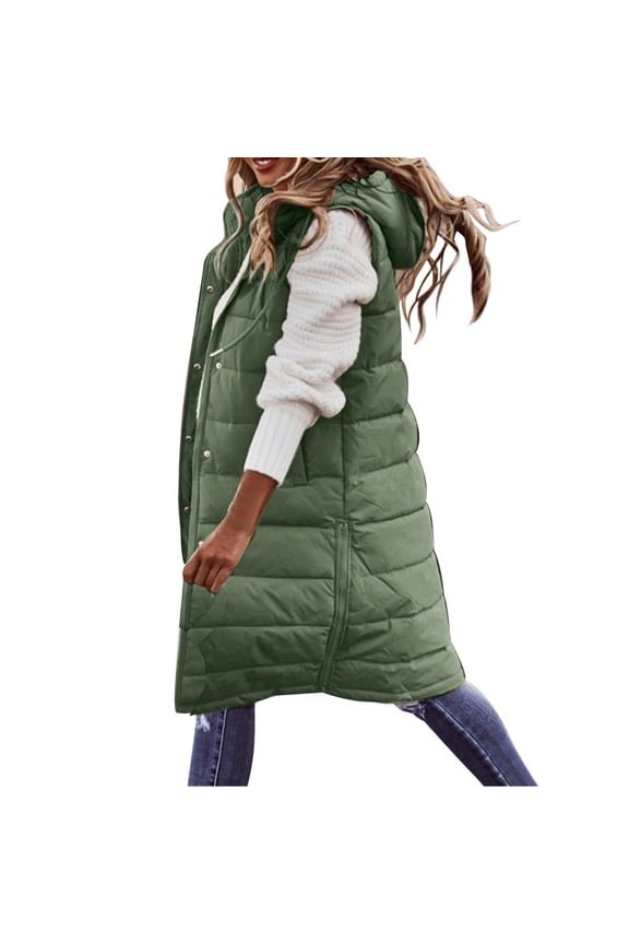 Women's Long Vests Sleeveless Lightweight Zip Puffer Jacket Packable Hooded Down Coat Winter Quilted Vest with Hood Long Winter Coat Warm Loose Coat with Pockets Outdoor Jacket Coat Green Xl