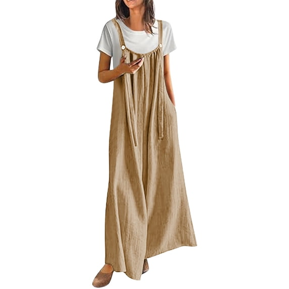 BODOAO Women's Loose Casual Jumpsuits Loose Wide Leg Cargo Romper Adjustable Strap Sleeveless Multi Pocket Bib Overalls Cotton Linen Summer Harem Long Pants Palazzo Trouser Khaki S