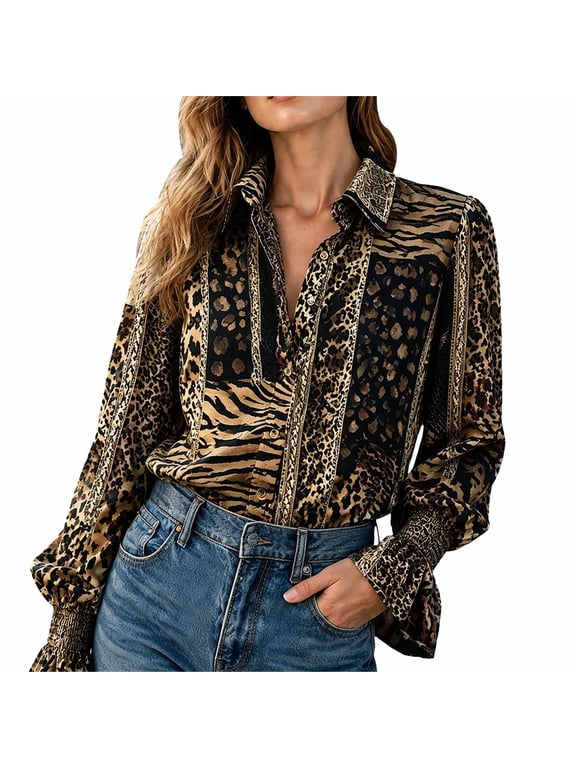 Women's Mixed Leopard Zebra Print Blouse Button Up Collared Shirt with V Neck and Long Balloon Sleeves Smocked Cuffs Dressy Casual Tunic Top for Work Wear Brown M