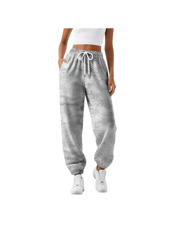 Women's Ombre Leaf Print Jogger Pants Drawstring Elastic Waist Loose Fit Casual Trousers with Side Pockets Full Length Cuffed Bottoms Botanical Branch Pattern Grey 4XL