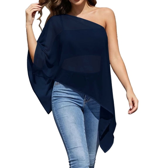 BODOAO Women’s One Shoulder Asymmetrical Blouse Batwing Sleeve Flowing Poncho Top Loose Fit Elegant Tunic Shirt for Party Evening Vacation Wedding Guest Dressy Outfits Navy L