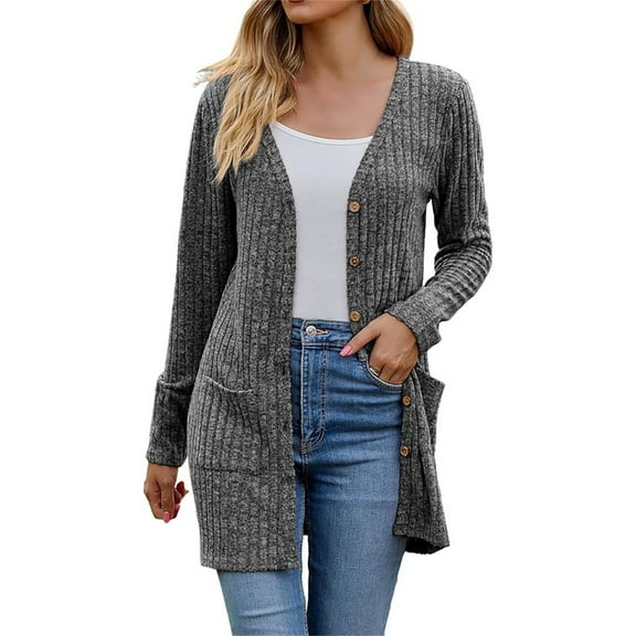 BODOAO Women's Open Front Lightweight Cardigan Long Sleeve Button Down Loose Outwear Old Times Cardigans Elegant Ribbed Cardigan Long Sleeve Button Placket with Pockets Knitted Cardigan Dark Gray S