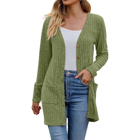 BODOAO Women's Open Front Lightweight Cardigan Long Sleeve Button Down Loose Outwear Old Times Cardigans Elegant Ribbed Cardigan Long Sleeve Button Placket with Pockets Knitted Cardigan Green S