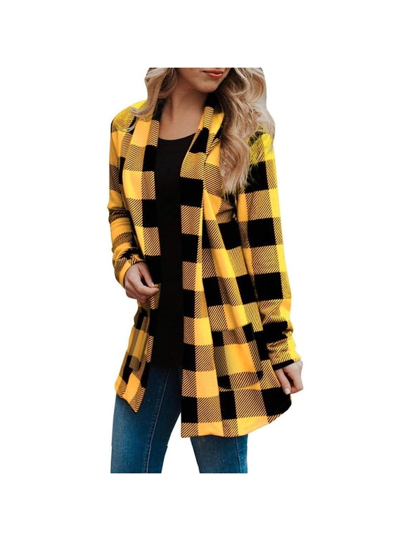 Women's Open Front Long Cardigan Draped Snap Buffalo Plaid Shirt Kimono Cardigan Knit Sweater Women Long Sleeve Jacket Women Plaid Cardigan Fall Fashion Checkered Coat Top Yellow L