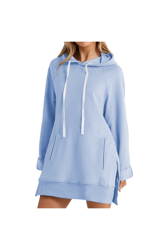 Women's Oversized Casual Pullover Long Sleeve Split Hem Drawstring Hoodies Dress with Kangaroo Pocket Warm Sweatshirt Long Sleeve O Neck Soft Solid Shirt Winter Sweatshirts Tops Light Blue 3Xl