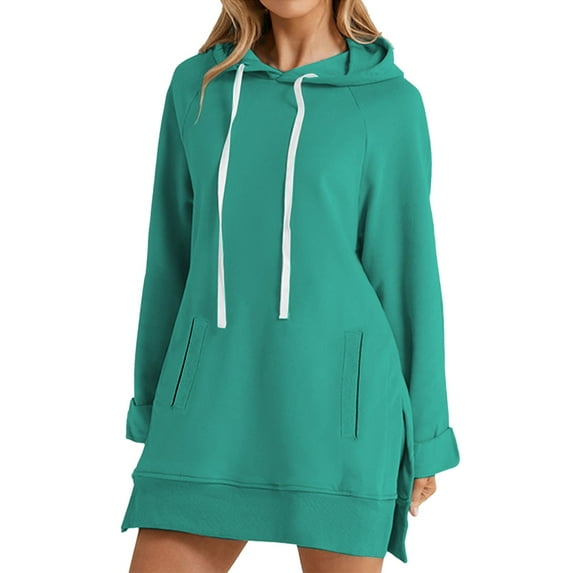 BODOAO Women's Oversized Casual Pullover Long Sleeve Split Hem Drawstring Hoodies Dress with Kangaroo Pocket Warm Sweatshirt Long Sleeve O Neck Soft Solid Shirt Winter Sweatshirts Tops Mint Green M