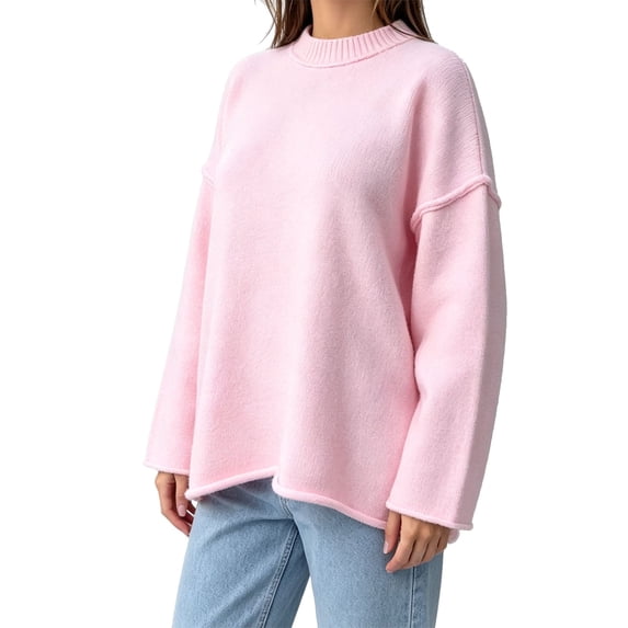 BODOAO Women's Oversized Sweater Crew Neck Long Sleeve Knit Pullover Drop Shoulder Loose Fit Soft Casual Fall Winter Top for Women Warm Cozy Fashion Everyday Wear Pink XL