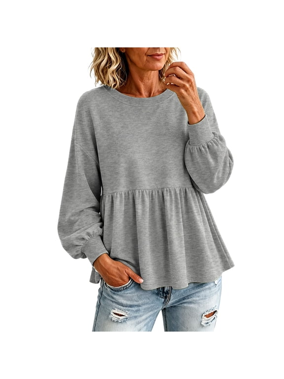 Women's Peplum Sweatshirt Babydoll Ruffle Hem Tunic Top Long Balloon Sleeve Crewneck Casual Flowy Blouse Shirt for Leggings Fall Winter Maternity Friendly Grey S