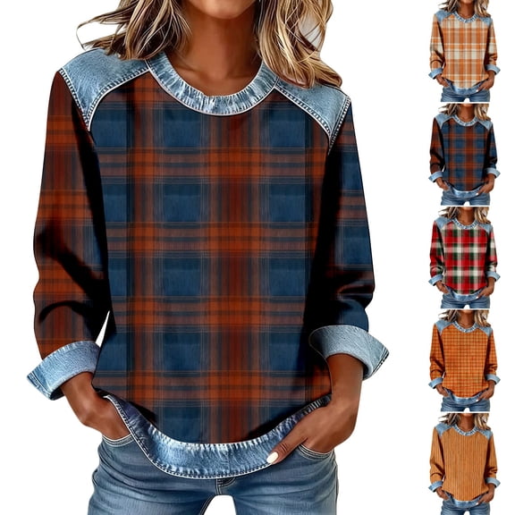 BODOAO Women's Plaid Sweatshirt Long Sleeve Crew Neck Pullover with Denim Look Contrast Collar Yoke Cuffs and Hem Curved Loose Fit Casual Western Top for Fall Winter Navy 3XL