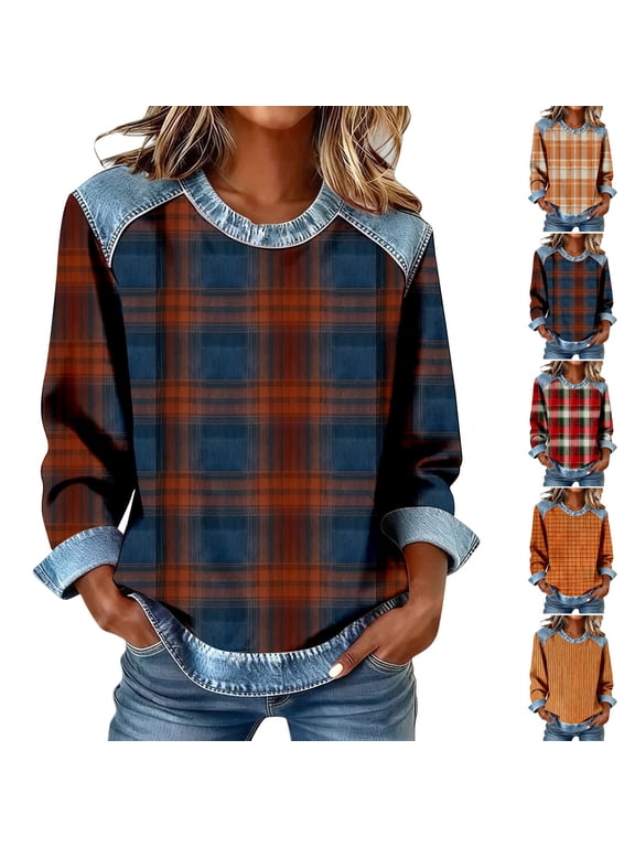 Women's Plaid Sweatshirt Long Sleeve Crew Neck Pullover with Denim Look Contrast Collar Yoke Cuffs and Hem Curved Loose Fit Casual Western Top for Fall Winter Navy 3XL