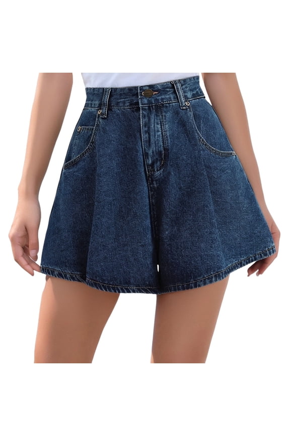 Women's Pleated Jean Shorts, Elastic High Waisted Loose Flare Denim Shorts with Pockets, Wide Leg Summer Jorts with Soft Washed Fabric and Relaxed Shape Blue 2XL