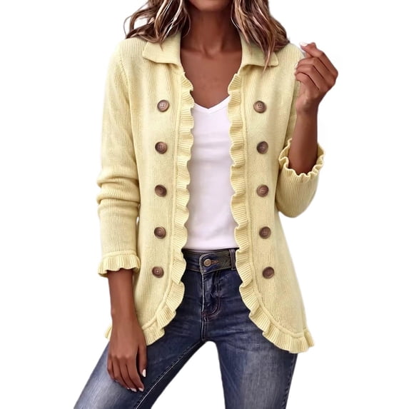 BODOAO Women's Plus Cardigan 3/4 Sleeve Ruffle Trim Open Front Knit Sweater with Double Breasted Buttons Collared Longline Loose Fit Dressy Layer for Fall Winter Classic Style Yellow 3XL