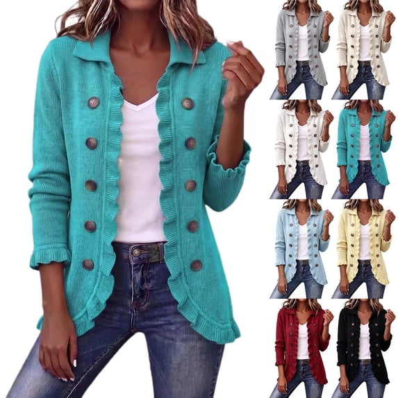 BODOAO Women's Plus Cardigan 3/4 Sleeve Ruffle Trim Open Front Knit Sweater with Double Breasted Buttons Collared Longline Loose Fit Dressy Layer for Fall Winter Classic Style Green 3XL