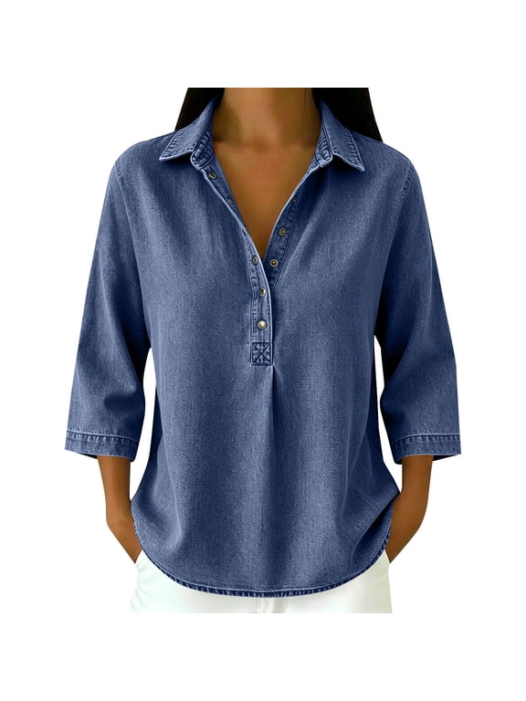 Women's Plus Denim Shirt 3/4 Sleeve Collared Washed Chambray Look Henley Pullover with Button Placket Curved Hem Loose Fit Lightweight Casual Business Work Style for Summer Fall Blue 3XL