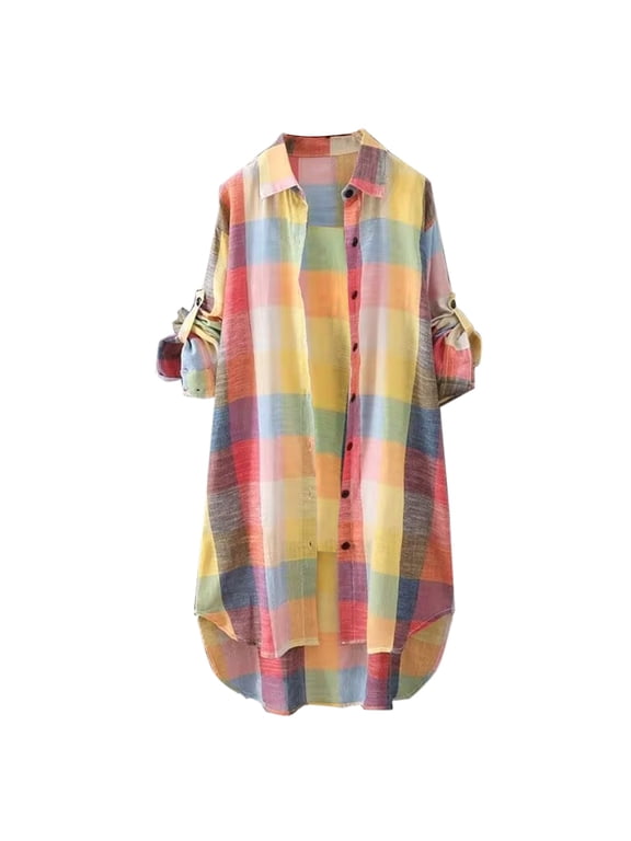 Women's Plus Plaid Shirt Long Button Down Dress with Roll Tab Sleeves Side Slits High Low Hem Loose Fit Lightweight Casual Duster Style for Fall Layering Classic Style Camouflage 2XL