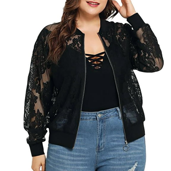 BODOAO Women's Plus Size Sheer Floral Sheer Lace Long Sleeve Baseball Jacket Open Front See Through Business Casual Jacket Solid Loose Lace Cardigan Shawl Blouse Black 4Xl