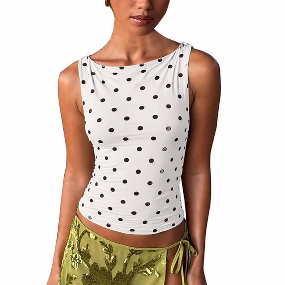 BODOAO Women's Polka Dot Tank Top Sleeveless Boat Neck Fitted Top with Ruched Sides Stretchy Crop Tank Top Polka Dot Tank Tops for Women Dressy Style Casual Top White XS