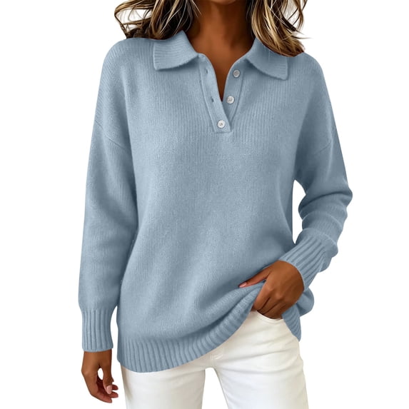 BODOAO Women's Polo Sweater Long Sleeve Pullover Collared Button Neck Knit Sweater Top with Drop Shoulders 3 Button Placket and Oversized Relaxed Fit Long Sweater Top Sky Blue XL