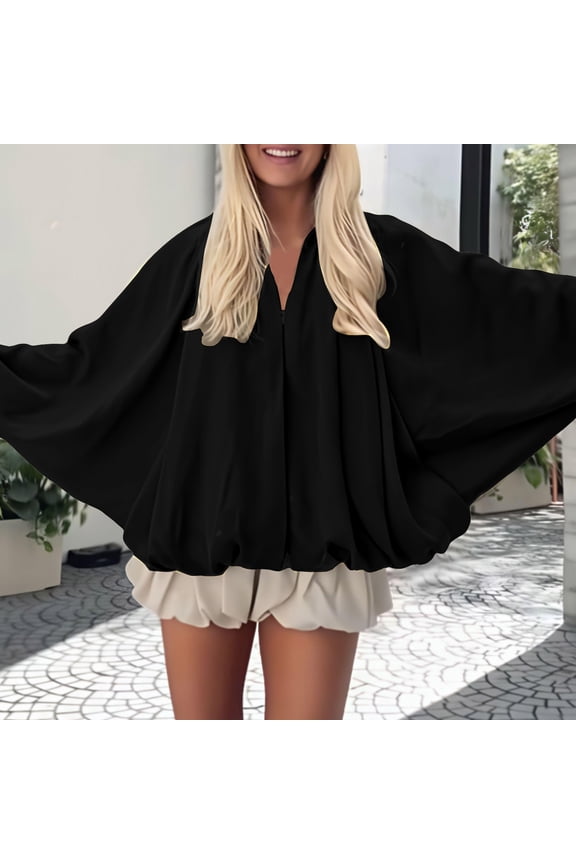 Women's Puffed Bomber Jacket Oversized Streetwear Casual Batwing Sleeve Lapel Collar Zip Front Pleated Shirts Zip Up Outerwear Shirts Front Zip Bubble Jackets for Women Trendy Black S