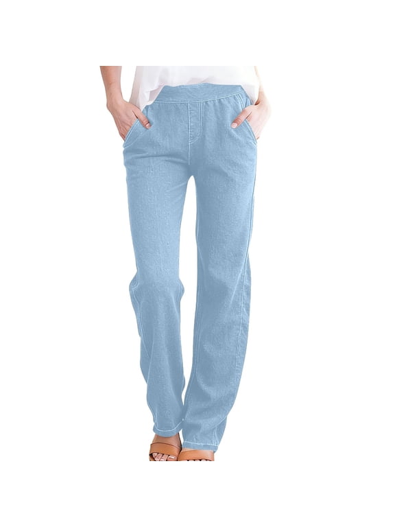 Women's Pull On Jeans Elastic High Waist Straight Leg Stretch Denim Pants Comfortable Slim Fit Trousers with Pockets Casual Mom Style for Everyday Outfit Light Blue M