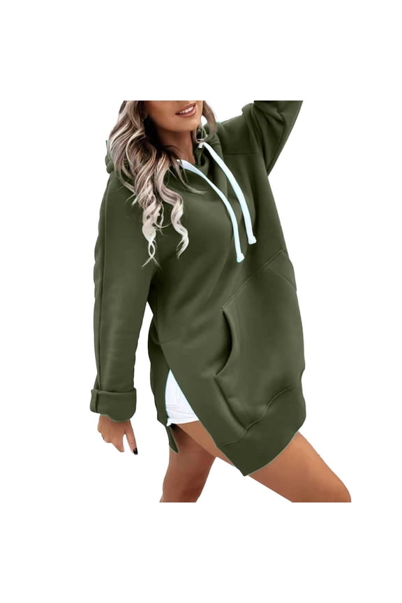 Women's Pullover Sweatshirt Long Sleeve Split Hem Hoodie Dress with Pocket Women's Warm Sweatshirt Long Sleeve O Neck Soft Solid Shirt Ladies Winter Sweatshirts Tops Army Green Xl