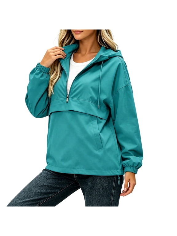 Women's Quarter-Zip Hooded Windbreaker, Oversized Long Sleeve Pullover Anorak Jacket with Kangaroo Pocket, Adjustable Drawstring Hem for Casual Outdoor Green 2XL