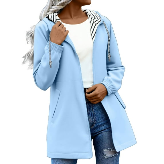 BODOAO Women's Rain Jacket Waterproof Windbreaker Lightweight Long Raincoats Striped Lined Outdoor Windbreaker with Hood Autumn Winter Solid Color Pockets Zipper Mid Long Length Jacket Light Blue Xxl