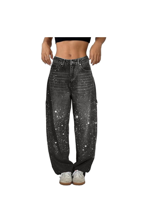 Women's Rhinestone High Waisted Baggy Jeans, Diamond Straight Loose Denim Pants, Vintage Boyfriend Trousers with Washed Fabric, Shiny Detail and Relaxed Fit Grey 2XL