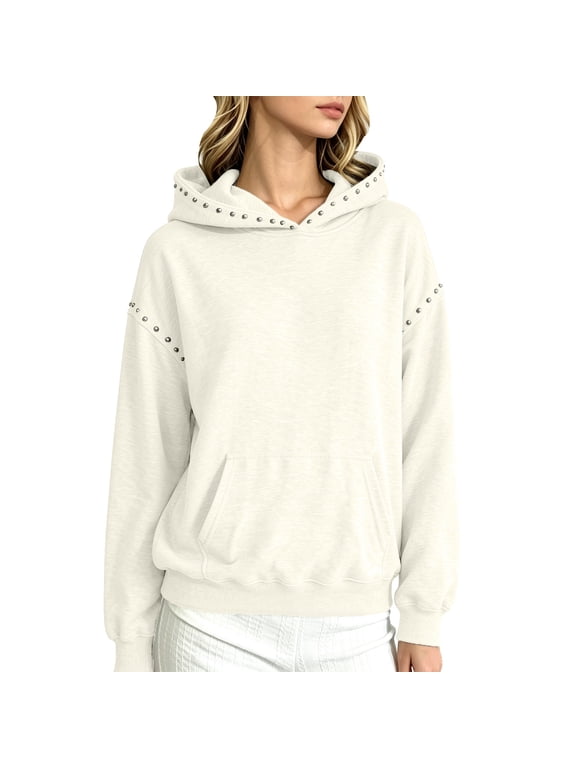 Women's Rhinestone Hoodie Long Sleeve Pullover Sweatshirt Studded Hood Kangaroo Pocket Drop Shoulder Oversized Casual Fall Winter Top for Women Fashion Beige L