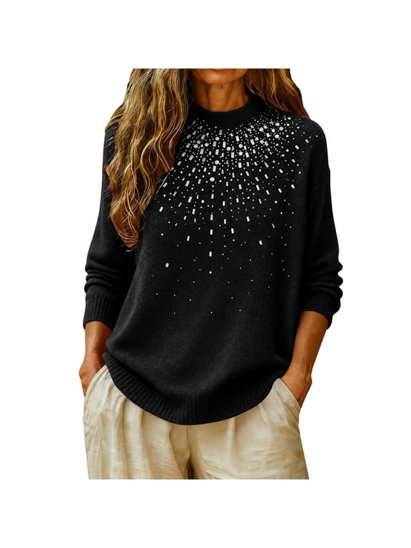 Women's Rhinestone Mock Neck Sweater Meteor Shower Pattern Knit Pullover Top with Sparkling Embellished Detail Elegant Casual Style for Everyday Layering Black M