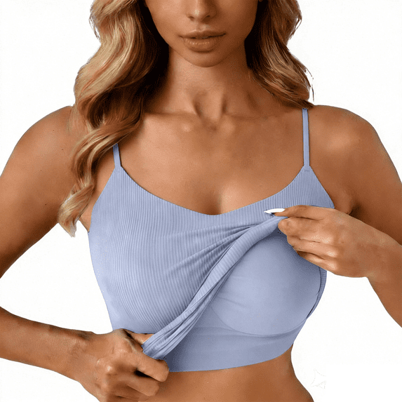 BODOAO Women's Ribbed Crop Tank Tops Built-in Bra Spaghetti Strap Camisole Pack Wireless Sports Bralette Workout Yoga Running Athleisure Lounge Undershirts Blue M