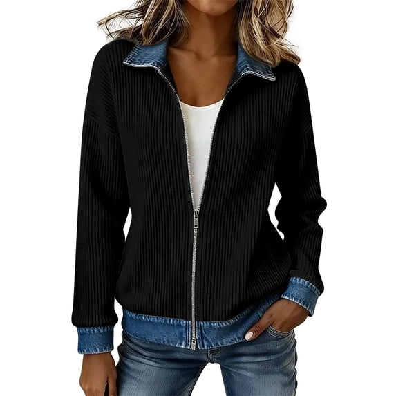 BODOAO Women's Ribbed Knit Zip Up Jacket, Denim Collar Cuff Patchwork Cardigan, Casual Long Sleeve Bomber Coat for Fall Winter Work, Vacation and Daily Wear Black L