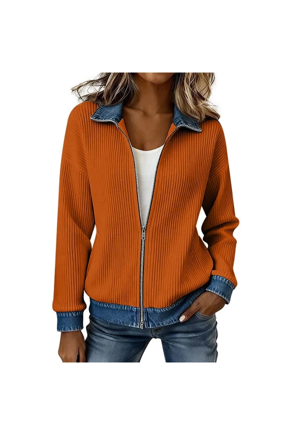 Women's Ribbed Knit Zip Up Jacket, Denim Collar Cuff Patchwork Cardigan, Casual Long Sleeve Bomber Coat for Fall Winter Work, Vacation and Daily Wear Orange S
