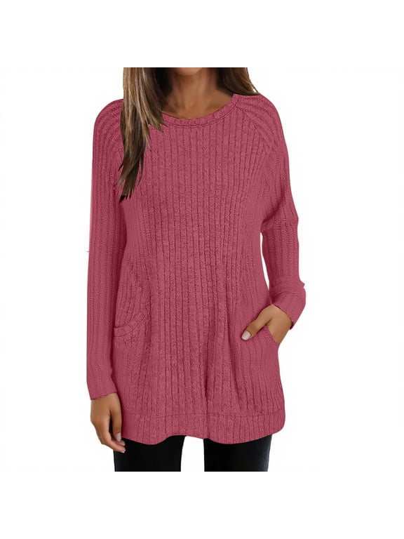 Women's Rose Red Ribbed Tunic Sweater Long Sleeve Crew Neck Pullover with Pockets Loose Fit Knit Tunic Top to Wear with Leggings Casual Fall Layering for Women S