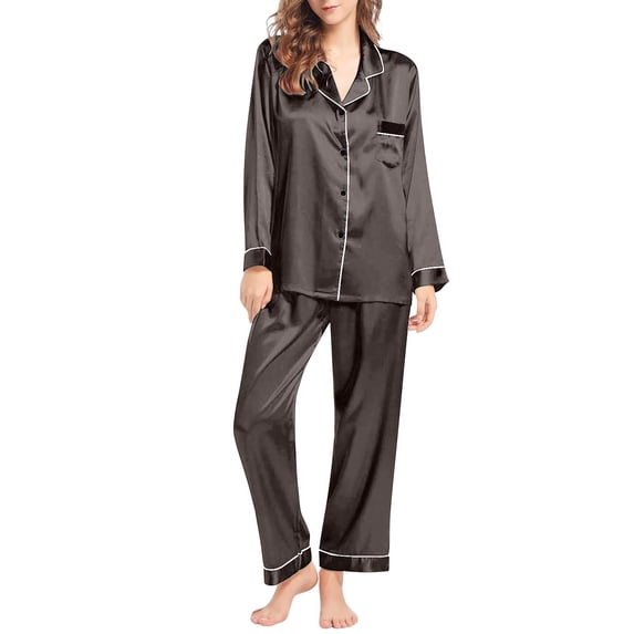 BODOAO Women's Satin Pajama Set, Classic Button Down Long Sleeve Sleepwear and Pants, Silk-like V-Neck Loungewear, Cozy Elegant Nightwear for Home Relaxing Coffee L