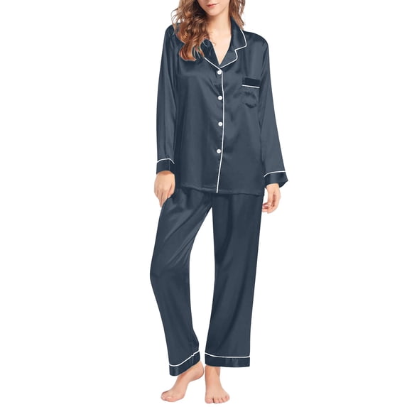 BODOAO Women's Satin Pajama Set, Classic Button Down Long Sleeve Sleepwear and Pants, Silk-like V-Neck Loungewear, Cozy Elegant Nightwear for Home Relaxing Dark Gray XL